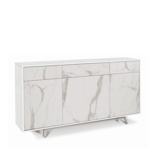MOBILE DA ARREDO IN LEGNO CON PIEDINI. 3 ANTE E 3 CASSETTI 92X164X41 CM COLORE OSSIDO BIANCO E MARMO CALACATTA