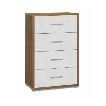 CASSETTIERA DA ARREDO IN LEGNO CON PIEDINI E 4 CASSETTI 110X71X41 CM COLORE NOCE E OSSIDO BIANCO