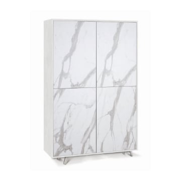 MOBILE DA ARREDO IN LEGNO CON PIEDINI, 4 ANTE A SCOMPARSA 161X108X41 CM COLORE OSSIDO BIANCO E MARMO CALACATTA