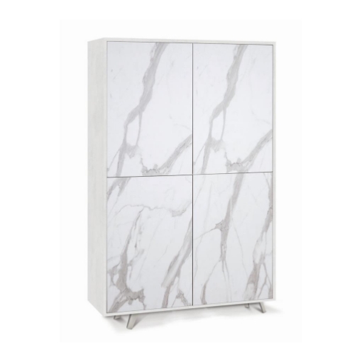 MOBILE DA ARREDO IN LEGNO CON PIEDINI, 4 ANTE A SCOMPARSA 161X108X41 CM COLORE OSSIDO BIANCO E MARMO CALACATTA