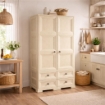 ARMADIO MULTIUSO IN RESINA 79X42.5X164 CM 2 ANTE 4 CASSETTI CON RIPIANI INTERNI BEIGE, MOBILE ALTO INTERNO ESTERNO