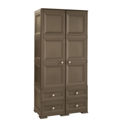 ARMADIO 2 ANTE CON APPENDIABITI E 4 CASSETTI OMNIMODUS, GUARDAROBA MULTIUSO EFFETTO LEGNO MARRONE