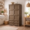 ARMADIO 2 ANTE CON APPENDIABITI E 4 CASSETTI OMNIMODUS, GUARDAROBA MULTIUSO EFFETTO LEGNO MARRONE