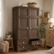ARMADIO 2 ANTE CON APPENDIABITI E 4 CASSETTI OMNIMODUS, GUARDAROBA MULTIUSO EFFETTO LEGNO MARRONE
