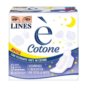 LINES È COTONE NOTTE CON ALI 9 ASSORBENTI – ALTA ASSORBENZA E DELICATI SULLA PELLE