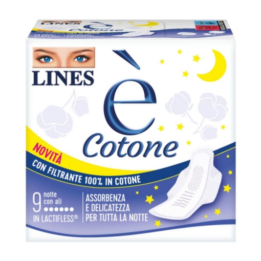 LINES È COTONE NOTTE CON ALI 9 ASSORBENTI – ALTA ASSORBENZA E DELICATI SULLA PELLE