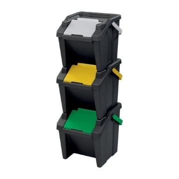 SET 3 PATTUMIERE MODULARI 30L NERE IMPILABILI 48X37X25 CM, TOWER RACCOLTA DIFFERENZIATA SALVASPAZIO CON APERTURA FRONTALE PER CUCINA E RIPOSTIGLIO