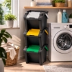 SET 3 PATTUMIERE MODULARI 30L NERE IMPILABILI 48X37X25 CM, TOWER RACCOLTA DIFFERENZIATA SALVASPAZIO CON APERTURA FRONTALE PER CUCINA E RIPOSTIGLIO