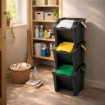 SET 3 PATTUMIERE MODULARI 30L NERE IMPILABILI 48X37X25 CM, TOWER RACCOLTA DIFFERENZIATA SALVASPAZIO CON APERTURA FRONTALE PER CUCINA E RIPOSTIGLIO
