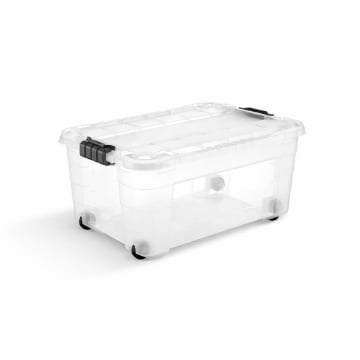 BOX CONTENITORE 40L TRASPARENTE 59X39X27,4 CM CON COPERCHIO APRIBILE SU 4 LATI E RUOTE – SCATOLA PORTAOGGETTI SALVASPAZIO PER CASA E RIPOSTIGLIO