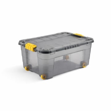BOX CONTENITORE 40L CON COPERCHIO E RUOTE 59X39X27,4 CM GRAFITE TRASPARENTE/AMBRA – SCATOLA PORTAOGGETTI SALVASPAZIO CON ROTELLE PER CASA E RIPOSTIGLIO