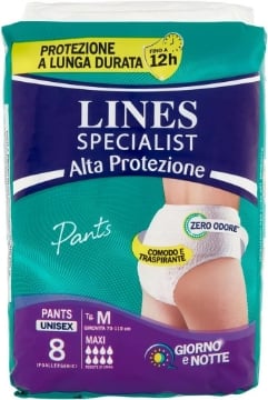 PANTS LINES SPECIALIST ASSORBENTI UNISEX IPOALLERGENICI PER INCONTINENZA GIORNO E NOTTE , TAGLIA M 8PZ