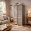 ARMADIO 2 ANTE TAUPE 79X43X203 CM CON 6 SCOMPARTI E VANO PORTASCOPA – MOBILE ALTO ORGANIZZAZIONE CASA PER INGRESSO E LAVANDERIA