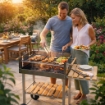BARBECUE RETTANGOLARE CON RIPIANI IN LEGNO E RUOTE PER SPOSTAMENTO STRUTTURA IN ACCIAIO GRIGIA 100X40X90 CM 