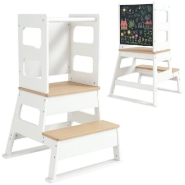 TORRE MONTESSORIANA PER BAMBINI CON LAVAGNA E RINGHIERA, IN LEGNO, 55X52.5X87.5 CM, BIANCO E COLOR LEGNO