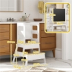 TORRE MONTESSORIANA PER BAMBINI CON LAVAGNA E RINGHIERA, IN LEGNO, 55X52.5X87.5 CM, BIANCO E COLOR LEGNO