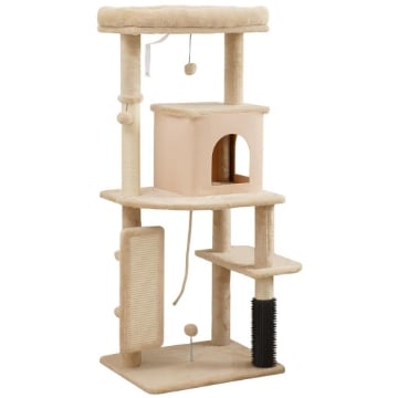 ALBERO PER GATTI MULTILIVELLO ALTO 132 CM CON CASETTA, LETTINO, PALI TIRAGRAFFI, SPAZZOLA E PALLINA, BEIGE