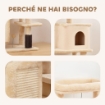 ALBERO PER GATTI MULTILIVELLO ALTO 132 CM CON CASETTA, LETTINO, PALI TIRAGRAFFI, SPAZZOLA E PALLINA, BEIGE