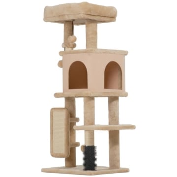 ALBERO PER GATTI MULTILIVELLO ALTO 104 CM CON CASETTA, LETTINO, PALI TIRAGRAFFI, SPAZZOLA E PALLINA, BEIGE