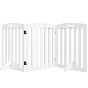 CANCELLINO PER CANI PIEGHEVOLE A 3 PANNELLI CON 2 SUPPORTI, IN LEGNO BIANCO, 155X30X61 CM
