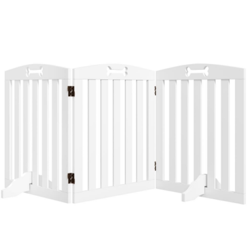 CANCELLINO PER CANI PIEGHEVOLE A 3 PANNELLI CON 2 SUPPORTI, IN LEGNO BIANCO, 155X30X61 CM