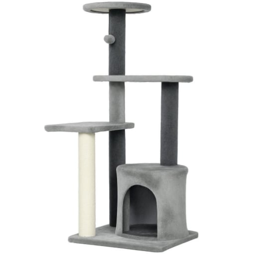 ALBERO PER GATTI MULTILIVELLO ALTO 103 CM CON PALI TIRAGRAFFI IN SISAL, CASETTA E PALLINA IN PELUCHE, GRIGIO