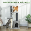 ALBERO PER GATTI MULTILIVELLO ALTO 103 CM CON PALI TIRAGRAFFI IN SISAL, CASETTA E PALLINA IN PELUCHE, GRIGIO