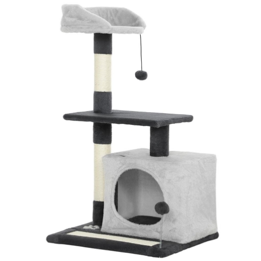 ALBERO TIRAGRAFFI PER GATTI ALTO 85 CM CON CASETTA, LETTINO, PALI E TAPPETINO TIRAGRAFFI, GRIGIO