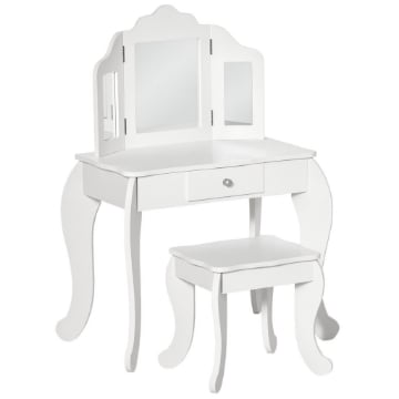 TAVOLO DA TRUCCO PER BAMBINI CON SGABELLO E TRIPLO SPECCHIO, IN LEGNO E ACRILICO, 63X40X85.5 CM, BIANCO