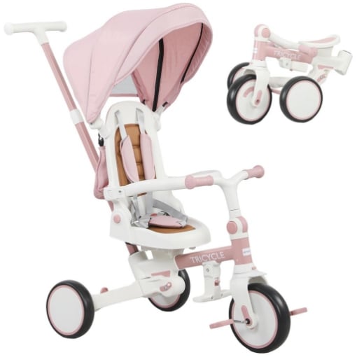 TRICICLO PER BAMBINI 5 IN 1 CON MANIGLIONE DI SPINTA E COPERTURA RIMOVIBILE, 96.5X49X101 CM, ROSA