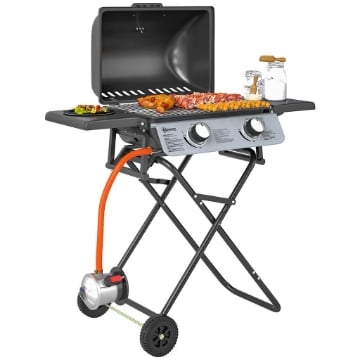 BARBECUE A GAS PORTATILE CON 2 BRUCIATORI E 2 TAVOLINI, COPERCHIO CON TERMOMETRO E RUOTE, NERO