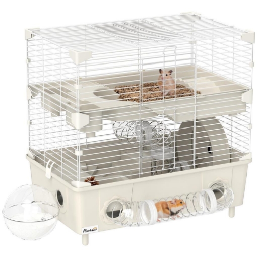 GABBIA PER CRICETI A 2 LIVELLI E 3 PORTE CON RUOTA E TUBI, IN ACCIAIO, PS E PP, 44.5X28X44 CM, CREMA E BIANCO