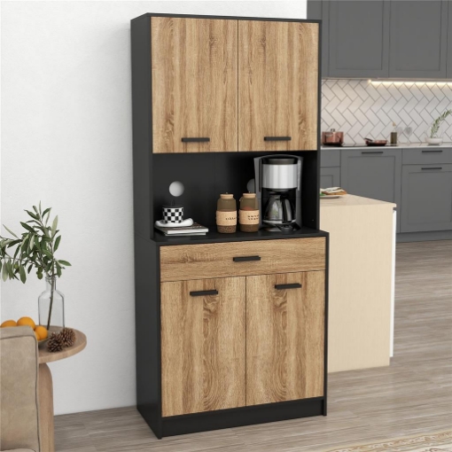 CREDENZA CUCINA IN LEGNO CON 2 ARMADIETTI A 2 ANTE E CASSETTO, 80X40X180 CM, NERO E COLOR LEGNO