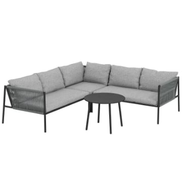 SALOTTO DA GIARDINO IN RATTAN CON DIVANO ANGOLARE MODULABILE TAVOLINO DA CAFFÈ E CUSCINI GRIGIO
