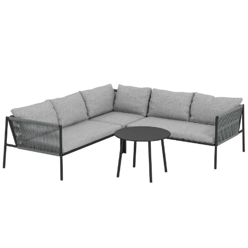 SALOTTO DA GIARDINO IN RATTAN CON DIVANO ANGOLARE MODULABILE TAVOLINO DA CAFFÈ E CUSCINI GRIGIO