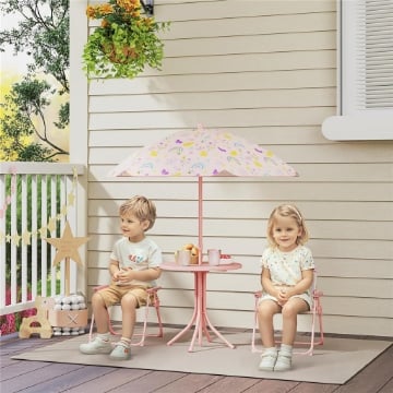 SET DA GIARDINO PER BAMBINI 2-5 ANNI CON TAVOLINO ROTONDO, 2 SEDIE PIEGHEVOLI E UN OMBRELLONE, ROSA