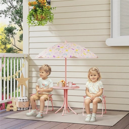 SET DA GIARDINO PER BAMBINI 2-5 ANNI CON TAVOLINO ROTONDO, 2 SEDIE PIEGHEVOLI E UN OMBRELLONE, ROSA