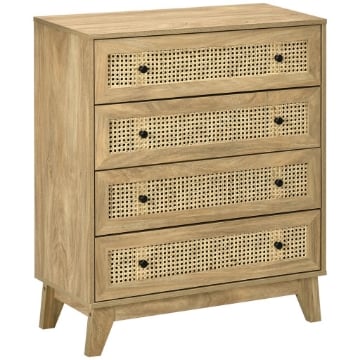 CASSETTIERA CON 4 CASSETTI E INSERTI IN RATTAN STILE BOHO, 80X35X95 CM, LEGNO NATURALE