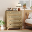CASSETTIERA CON 4 CASSETTI E INSERTI IN RATTAN STILE BOHO, 80X35X95 CM, LEGNO NATURALE