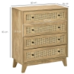 CASSETTIERA CON 4 CASSETTI E INSERTI IN RATTAN STILE BOHO, 80X35X95 CM, LEGNO NATURALE