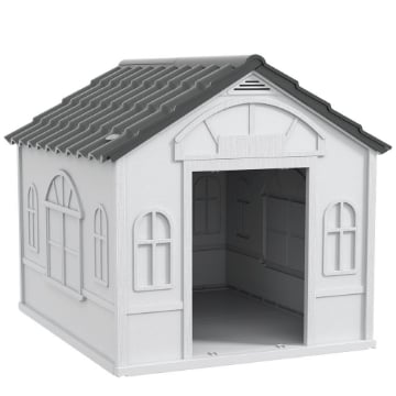 CASETTA PER CANI IN PP IMPERMEABILE CON TETTO INCLINATO E PORTA DI INGRESSO, 84.2X98.2X82 CM, GRIGIO