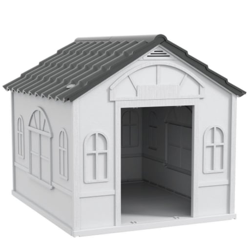 CASETTA PER CANI IN PP IMPERMEABILE CON TETTO INCLINATO E PORTA DI INGRESSO, 84.2X98.2X82 CM, GRIGIO