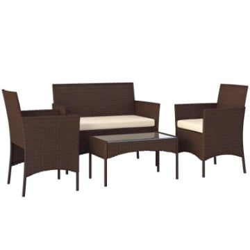 SET DA GIARDINO 4 PEZZI CON DIVANO 2 POSTI 2 SEDIE E TAVOLINO BASSO IN RATTAN E ACCIAIO BEIGE E MARRONE