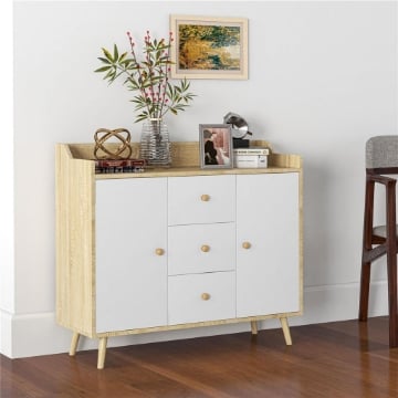 CREDENZA MODERNA IN TRUCIOLATO E LEGNO DI PINO CON 3 CASSETTI E 2 ARMADIETTI A 2 LIVELLI, 90X32X80A CM