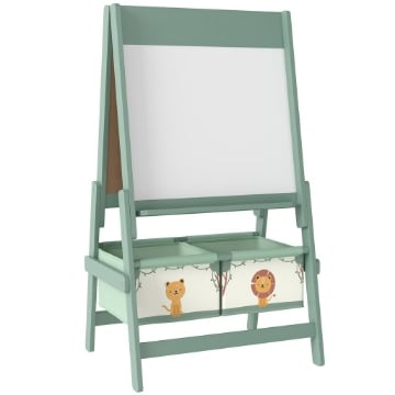 LAVAGNA PER BAMBINI 3 IN 1 CON CAVALLETTO, ROTOLO DI CARTA E 2 CESTELLI, IN LEGNO, 54X46X94 CM, VERDE