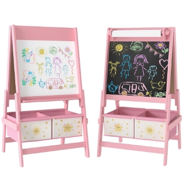 LAVAGNA PER BAMBINI 3 IN 1 CON CAVALLETTO, ROTOLO DI CARTA E 2 CESTELLI, IN LEGNO, 54X46X94 CM, ROSA