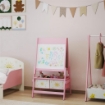 LAVAGNA PER BAMBINI 3 IN 1 CON CAVALLETTO, ROTOLO DI CARTA E 2 CESTELLI, IN LEGNO, 54X46X94 CM, ROSA
