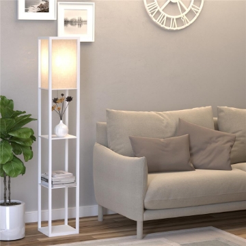 LAMPADA DA TERRA 40W CON 3 MENSOLE E INTERRUTTORE A PEDALE, IN LEGNO E ACRILICO, 26X26X160 CM, BIANCO