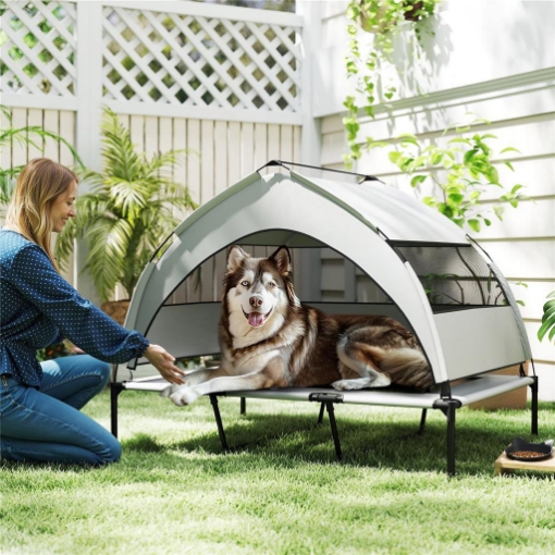 LETTINO PER CANI CON COPERTURA A 3 LATI RIMOVIBILE, IN POLIESTERE E ACCIAIO, 122X92X94 CM, GRIGIO CHIARO E NERO