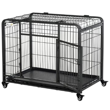 KENNEL PER CANI PIEGHEVOLE A DOPPIA PORTA CON BLOCCO, 4 RUOTE CON FRENO E FONDO RIMOVIBILE, 94X58X69.5 CM, GRIGIO